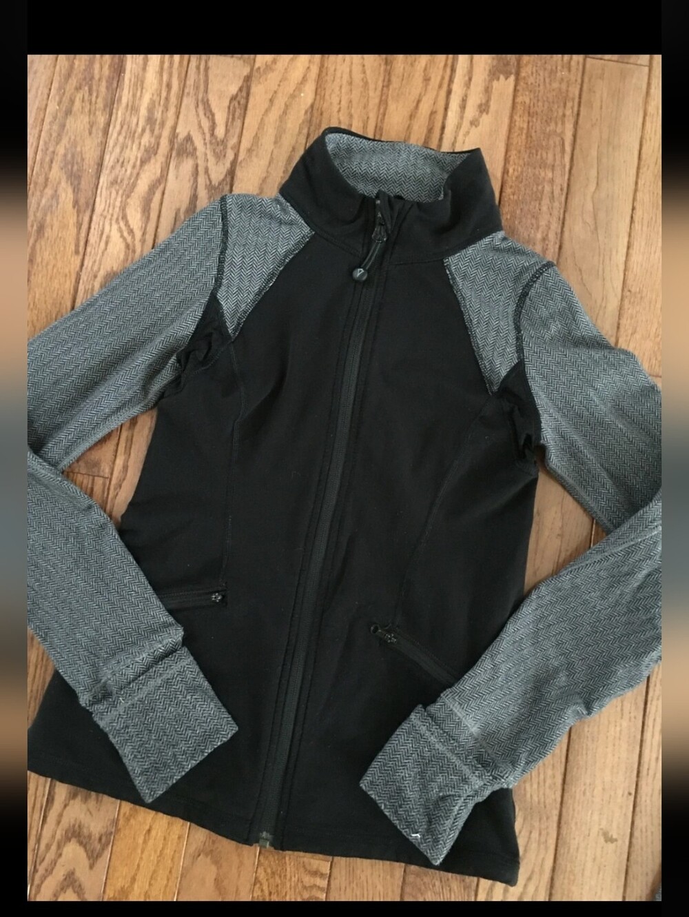 Iviva Lululemon Girls 14 Black Jacket with Gray Herringbone Sleeves